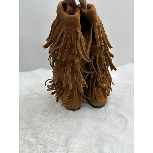 MINNETONKA 3-Layer Fringe Moccasin Mid-Calf High Boho Boot Women's Size 6 - Picture 4 of 15